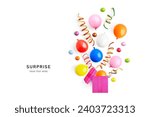 Pink gift box with colorful party streamers, balloons, confetti decoration isolated on white background. Celebration background. Surprise concept. Creative layout. Flat lay, top view. Design element
