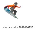 Snowboarder jumping through air with isolated background. Winter Sport background.