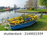 Small photo of Saul Junction, Gloucestershire, UK, March 28th, 2022, an old boat bedecked and planted with spring flowers near the entrance to the Marina on the Gloucester to Sharpness canal.