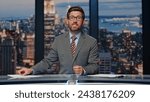 Small photo of Elegant newscaster presenting daily breaking news in evening television show closeup. Bearded professional presenter reading script broadcasting newscast. Confident man reporting about business event