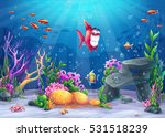 Undersea with fish. Marine Life Landscape - the ocean and the underwater world with different inhabitants. For design websites and mobile phones, printing