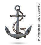 Small photo of Vintage sea anchor with chain, Old rusty ship anchor lies Realistic shiny steel anchor rings and shadow on the ground isolated on white background. This has clipping path. sea travel symbol icon sign.