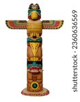 Small photo of Colored totems Wooden objects symbolize plants that represent clans, families. Totem Pole Native American Southwestern Style Large Figurine Wood isolated on white background with clipping path.