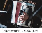 Small photo of Concert view of accordion player performing on a stage with vocalist and jazz group band orchestra in the background, accordionist performance during jazz live music show concert
