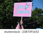 Small photo of Buenos Aires, Argentina; Nov 4, 2023: LGBT Pride Parade. Hand rising a poster demanding the labor quota law for the trans community