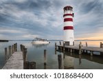 Lighthouse with Passenger Boat at Sunset in Podersdorf at Neusiedl Lake, Austria