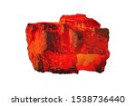 Red hot coal bar isolated on white background. Red burning coal mine isolated on white close up. Raw coal nugget on fire for power and fuel  industry
