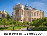 Beautiful building of the opera and ballet theatre in Odessa, Ukraine. Sunny morning in the historical center of Odessa at summer, Ukraine.