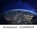 USA and North America from space at night with city lights showing human activity in United States, Canada and Mexico, New York, California, 3d rendering of planet Earth, elements from NASA