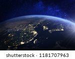Asia at night from space with city lights showing human activity in China, Japan, South Korea, Hong Kong, Taiwan and other countries, 3d rendering of planet Earth, elements from NASA