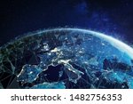 Telecommunication network above Europe viewed from space with connected system for European 5g LTE mobile web, global WiFi connection, Internet of Things (IoT) technology or blockchain fintech, 3d 8k