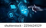 Small photo of Legal advice for digital technology, business, finance, intellectual property. Legal advisor, corporate lawyer, attorney service. Laws and regulations. Finger touching button with justice scale icon.