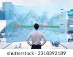 Small photo of Stock exchange trading data and financial investment. Person using online trading interface with charts and statistics on VR computer screen to analyze ETF and ticker price evolution. Sell or buy.
