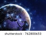 Communication network around Earth used for worldwide international connections for finance, banking, internet, IoT and cryptocurrencies, fintech concept, composition with planet image from NASA