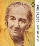 Golda Meir portrait on Israeli 10 shekel (1985) banknote close up. Prime minister of Israel.