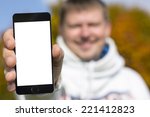 smile man holding smartphone in hand