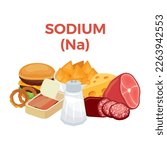 Sodium (Na) in food icon vector. Sodium food sources vector illustration isolated on a white background. Salt, hamburger, ham, cheese, salty foods vector. Pile of healthy fresh food drawing