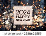 2024 Happy New Year background with christmas golden bokeh lights frame stock images. Happy New Year 2024 greeting card with night defocused lights photo images