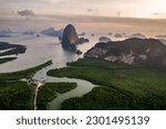 Sunrise view of the Phang Nga bay viewpoint taken at Samet Nangshe Viewpoint near Phuket in Southern Thailand. Southeast Asia travel, trip and summer vacation drone photography.