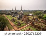 Aerial view of Wat Phra Si Sanphet, Ayutthaya temple in Thailand. Ayutthaya Historical Park has been considered a World Heritage Site by UNESCO.