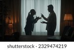 Small photo of A man and a woman are arguing in the living room near the window. A silhouette of a couple arguing over the fact that the man spends too much time on the laptop.