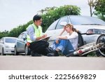 Small photo of Accident, crash or collision of auto car, bicycle at outdoor. Include people i.e. insurance officer man and young girl or bicycle rider to injury on road. Concept for vehicle crash, insurance claim.