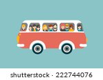retro bus with passengers. flat ...
