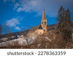 Small photo of Small church in St. Magdalena or Santa Maddalena in Geislergruppe or Gruppo dele Odle Italian Dolomites Alps mountains. January 2023