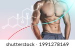 Small photo of Muscular male torso and testosterone formula against gray background. Concept of hormone increasing methods.