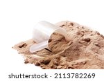 Closeup of scoop with chocolate whey protein or mass gainer powder 