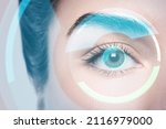 Close-up of female eye with HUD display. Concepts of augmented reality and biometric iris recognition or visual acuity check-up