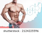 Small photo of Shredded male torso, testosterone formula and rising chart. Concept of hormone increasing methods or anabolic steroids usage.