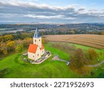 Church of St. James and Philip in Chvojen near Konopiste Castle, Czech Republic. Aerial view from drone.