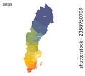 Sweden political map of administrative divisions - counties. Colorful spectrum political map with labels and country name.