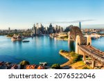 Small photo of Waterfront of Sydney city CBD across harbour near Sydney Harbour bridge in aerial view from Kirribilli of North Shore.