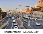 Sydney Warringah freeway heavy rush hour traffic entering Sydney Harbour Bridge along 24 hours bus lane in the morning.