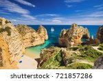 Beautiful bay near Lagos town, Algarve region, Portugal. Sandy beach. Portuguese landmark, popular travel destination