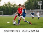 Small photo of Boys playing football game on a school tournament. Football soccer match for children. Dynamic, action picture of kids competition during playing football