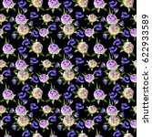 Small photo of Beautiful floral seamless pattern with bouquets of white lilies, two-color eustoma flowers and Greek valerian in victorian style on a black background