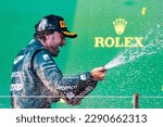 Small photo of MELBOURNE, AUSTRALIA - APRIL 2: Fernando Alonso of Spain celebrates his 3rd place for Aston Martin Aramco Cognizant Formula One Team on race day during the 2023 Australian Grand Prix