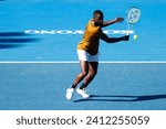 Small photo of MELBOURNE, AUSTRALIA - JANUARY 11: Frances Tiafoe of USA volleys against Zhang Zhi Zhen of China during day one of the 2024 Kooyong Classic at Kooyong on January 11, 2024 in Melbourne, Australia.