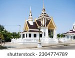 Small photo of Beautiful ancient white crematory architecture or antique funeral pyre building thai style of Wat Ku or Phra Nang Rua Lom temple for local people use service at Pak Kret city in Nonthaburi, Thailand