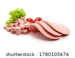 Small photo of Boiled Bologna Sausage, Sliced Italian mortadella, isolated on a white background.