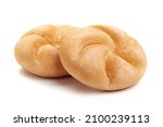 Freshly baked Kaiser rolls, fresh patty, close-up, isolated on white background