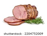 Cold smoked meat with slices, rustic style, isolated on white background