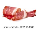 Small photo of Italian prosciutto crudo or spanish jamon. Jerked meat, isolated on white background. High resolution image