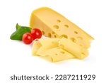 Small photo of Maasdam cheese, Netherlands cheese, isolated on white background