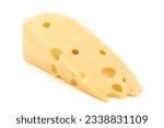 Small photo of Maasdam cheese block, isolated on white background. High resolution image