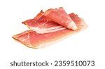 Small photo of Italian prosciutto crudo or spanish jamon. Jerked meat, isolated on white background