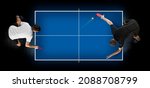 Small photo of Two men playing ping pong. Top view. Copy space background. Two image of the same model
